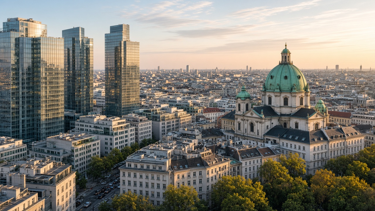 Wiener Skyline mit modernen Bürogebäuden am Morgen