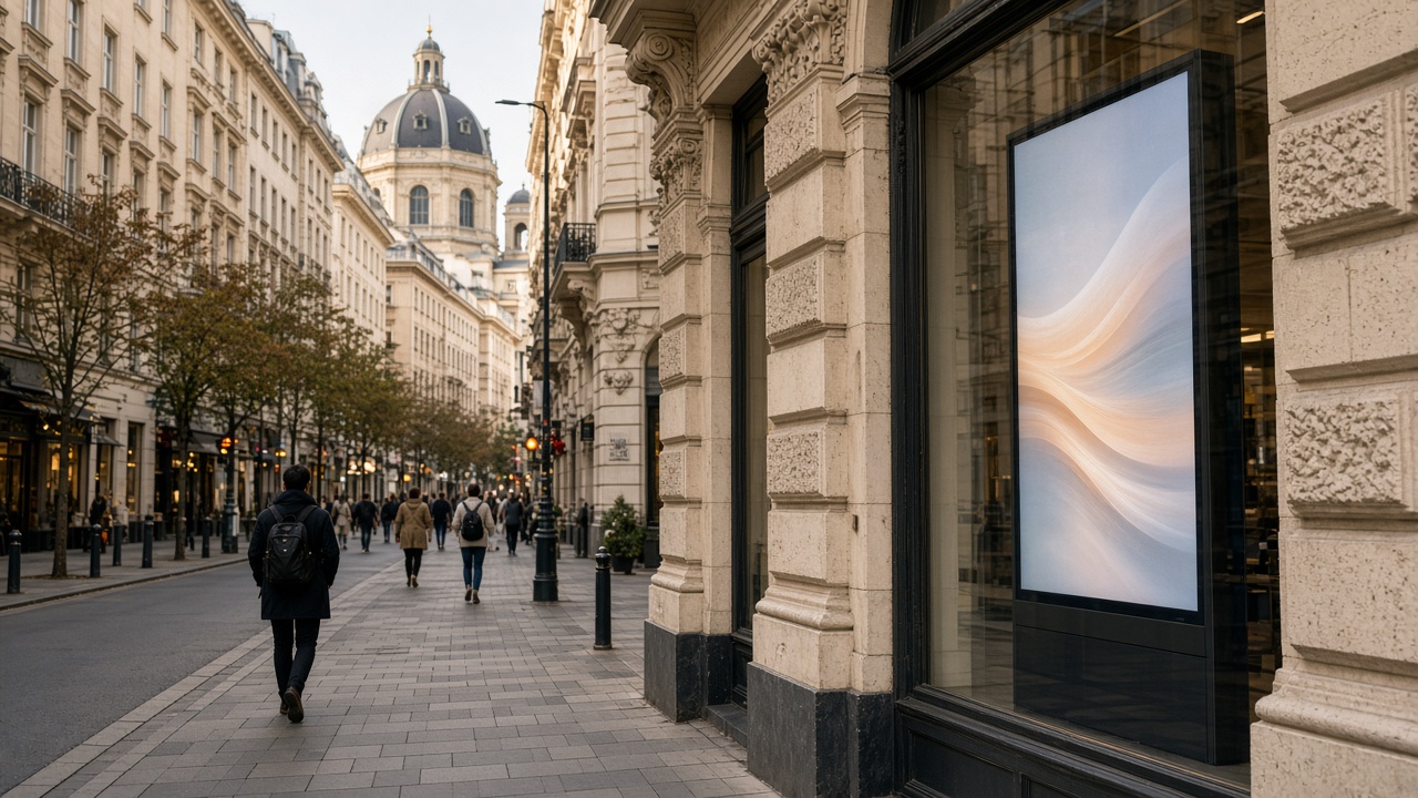 Wiener Straßenszene mit digitalem Display im Schaufenster