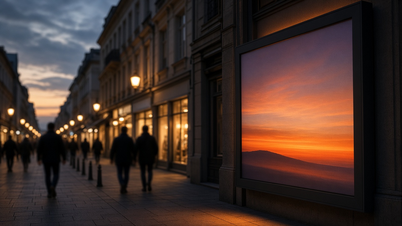 Digitale Werbescreens in einer Einkaufsstraße bei Dämmerung