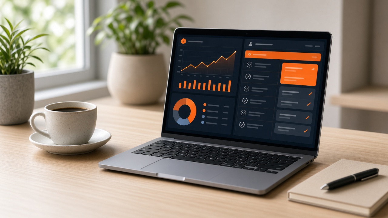 Laptop mit Preis- und Analytics-Dashboard auf einem Schreibtisch